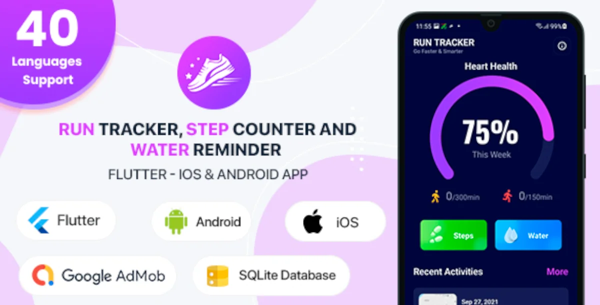 Run Tracker, Step Counter and Water Reminder - Flutter Android & iOS App (40 Languages)