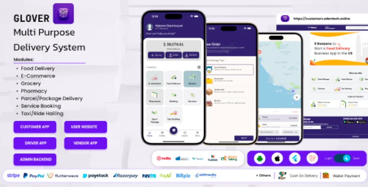 Glover – Grocery, Food, Pharmacy Courier & Service Provider + Backend + Driver & Vendor app V1.5.1