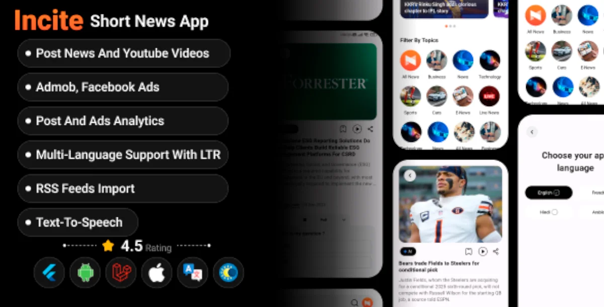 Incite - Short News Flutter App with Laravel Admin Panel for Android & iOS
